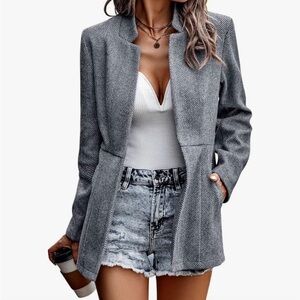 Women's Casual Business Open Front Long Sleeve Notch Lapel Blazer Jacket Gray XL